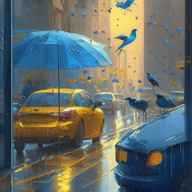 morning, window, umbrellas, people, rain, little birds, blue, flowers in the road, city, traffic, cars, sunlight, gold