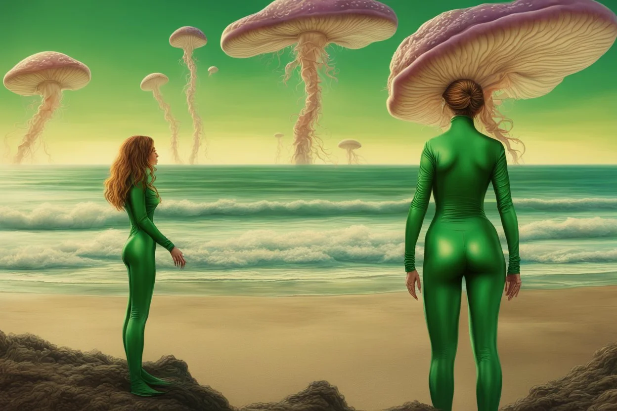 woman in a green catsuit, standing on a beach of an alien world, watching mushrooms with jellyfish tentacles in the sky, photorealistic, Deep Colour, Fantastical, Intricate Detail, sunshine