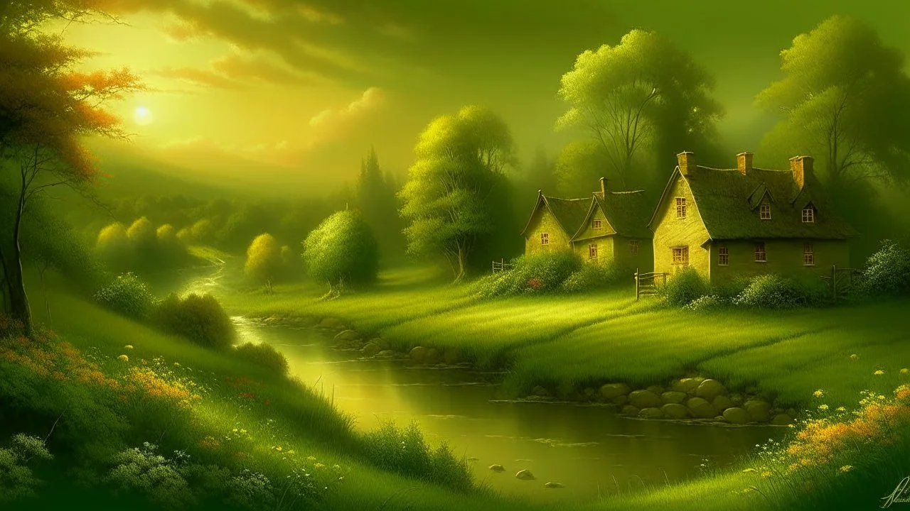 Detailed and evocative landscape artwork inspired by the distinctive style of Ígor Grabar, featuring a serene rural setting with a quaint village, a meandering stream, and lush foliage bathed in the warm glow of the setting sun., sophisticated muted-green color scheme, dramatic dutch light