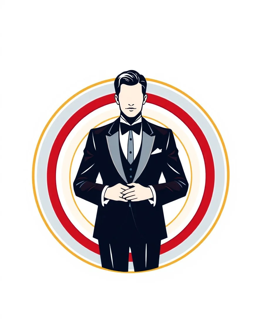 A special circular logo with a vector of a groom in a formal suit at the top of the logo in a blue, red, white, gold, and silver color theme.