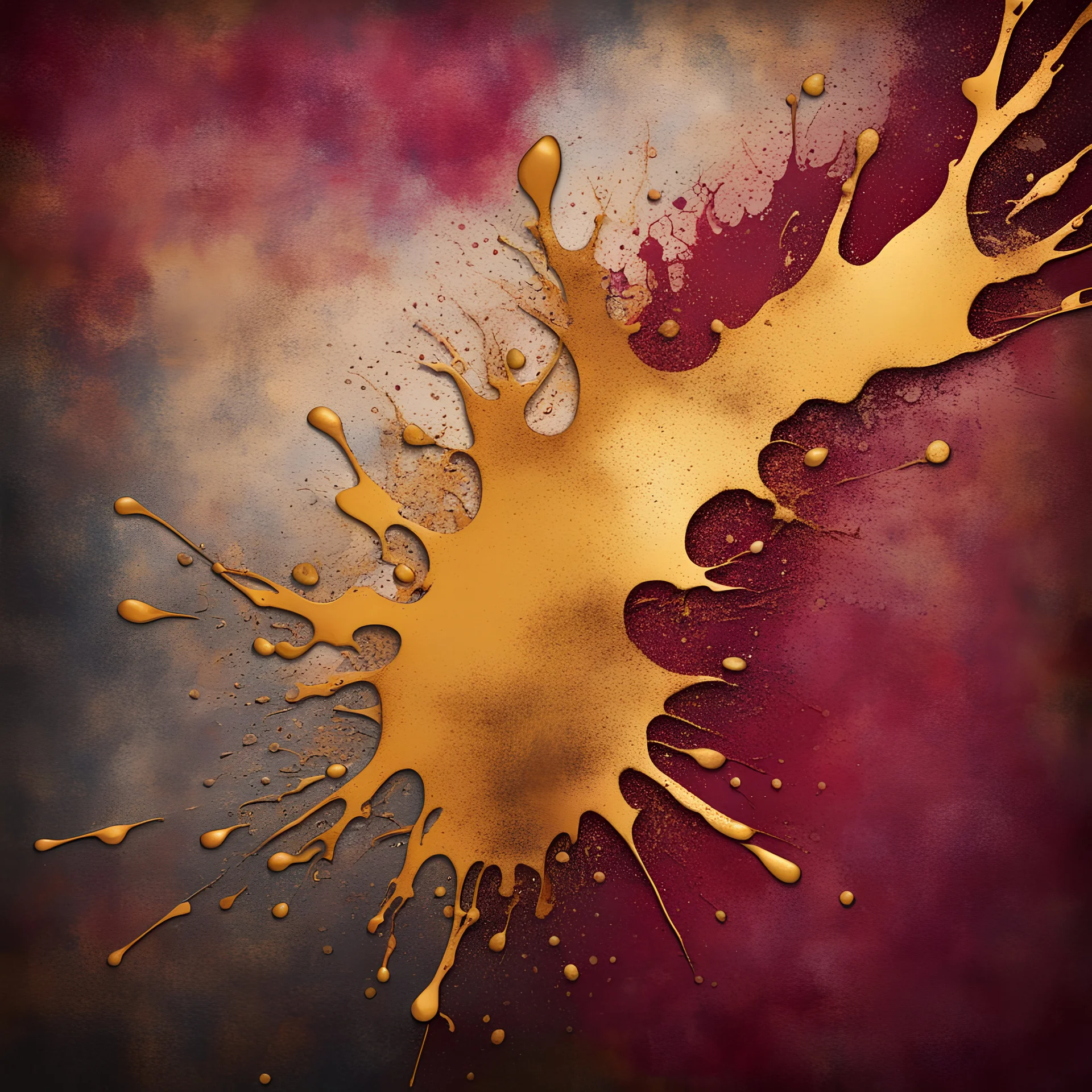 Hyper Realistic golden & maroon splashes multicolor grungy rustic texture with vignette effect