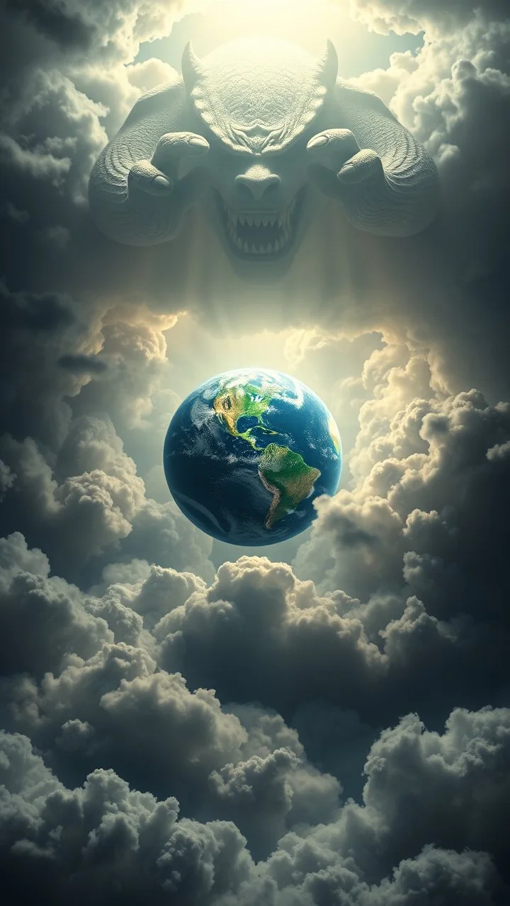 Planet earth hovering above swirling clouds, emerges from the heart of a raging storm. Turbulent winds of steam swirl around the iconic structure, lit by shafts of sunlight that cast dramatic shadows , A large beast face hooded creature with big hands in the cloud trying to grab planet Earth , another high planet waiting to collapse with planet earth , High quality 16k cinematic scene and great photography