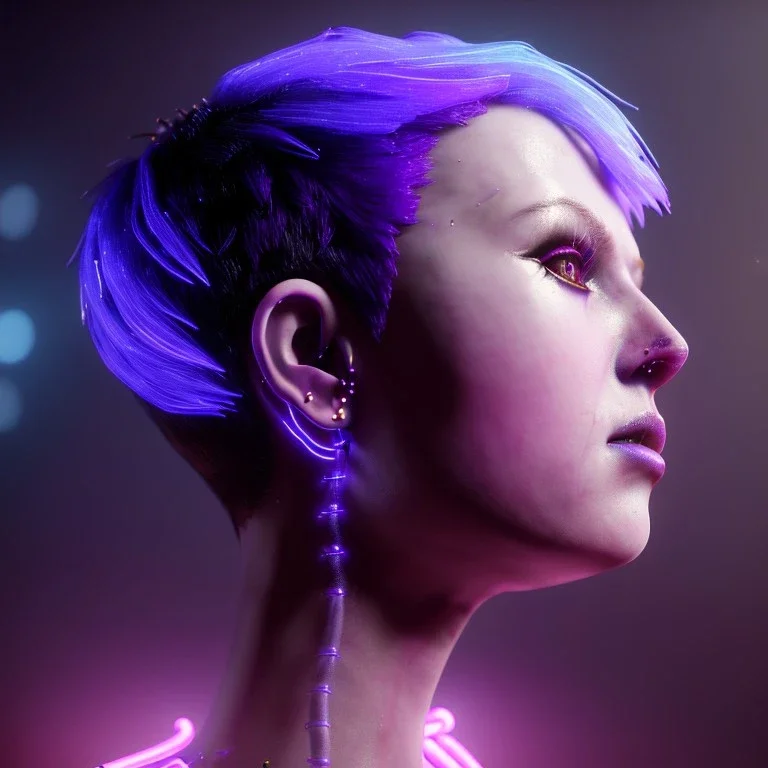 pretty purple short hair cyber woman, cold ambient, latex, cables, purpurin, blood, black, gold, piercings, brown, decorative color feathers, circuits, neon style, a lot of led lights, fog, rain, vibrant color, highly detailed, art stations, concept art, smooth, unreal engine 5, god rays, ray tracing, RTX, lumen lighting, ultra detail, volumetric lighting, 3d, finely drawn, high definition, high resolution.