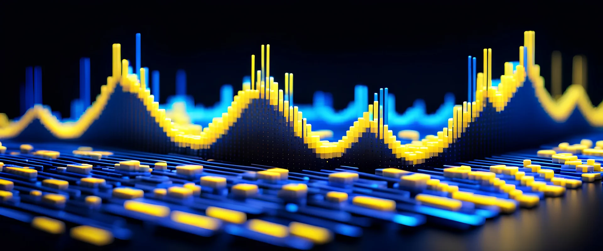 8 Bits Musical Wave , Pixel Art Box Sound Wave, (Blue to Yellow gradient color ) LED network lines , Realistic 3D Render, Macro, mesh, wave network, geometric, Nikon Macro Shot, Kinetic, Fractal, Light Led Points, Generative, Neural, Computer Network, Connections, Movement