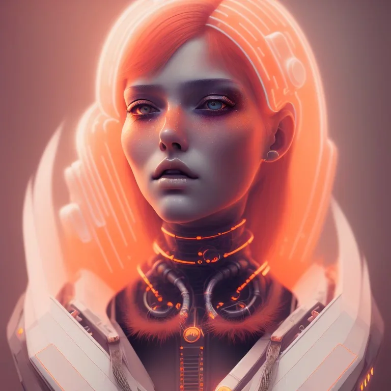 A beautiful portrait of a cute cyberpunk woman orange color scheme, high key lighting, volumetric light high details with white stripes and feathers