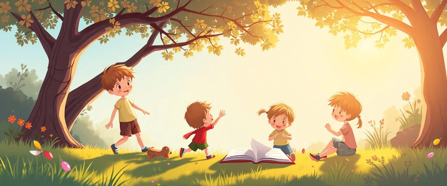 illustration of young children playing outside. fantastic lighting, cute amine children's book proportions