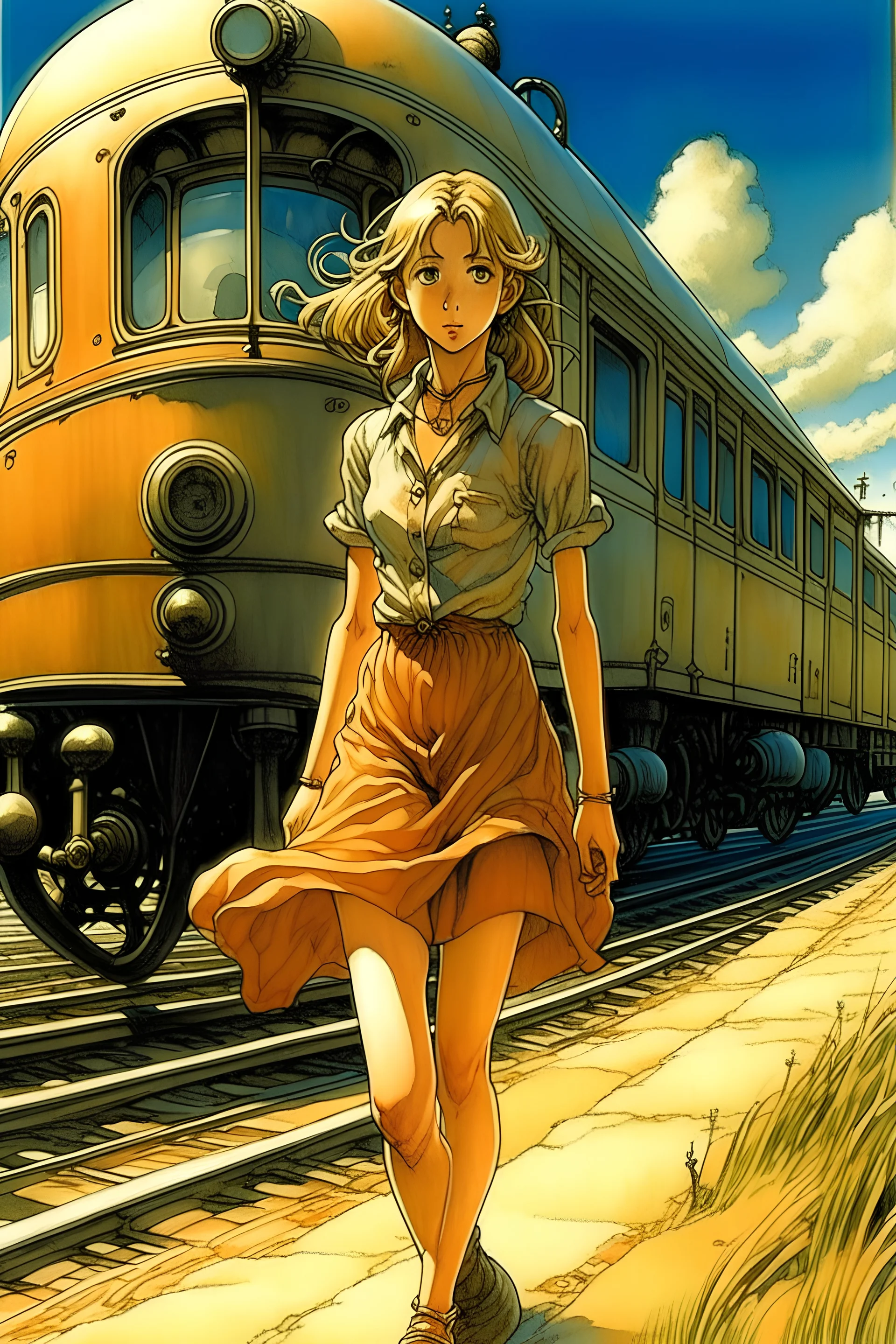 Milo Manara, Charles Altamont Doyle, Surreal, mysterious, strange, fantastic, fantasy, Sci-fi, Japanese anime, ripples, spirals, and Fibonacci, a miniskirt beautiful high school girl racing with a steam locomotive, hyper detailed high resolution definition quality, depth of field cinematic lighting