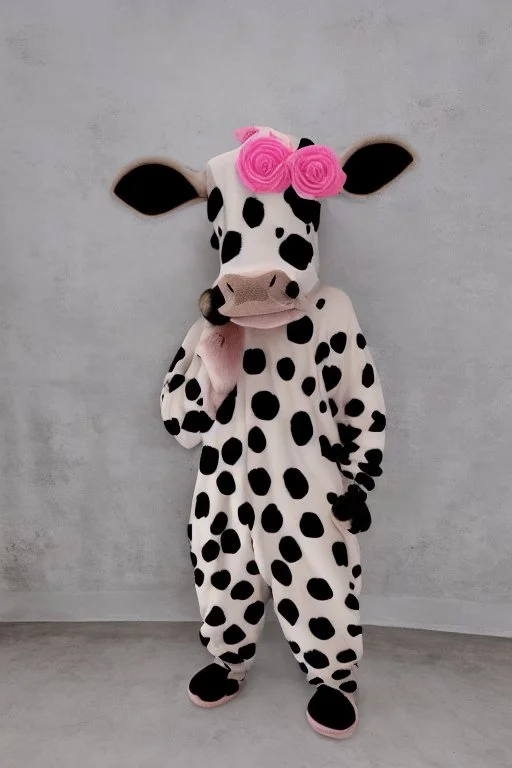 Portrait of A cute cow dressed in a onezy pajama outfit. The onezy has pink polka dots on and is thick and cozy. She has a flower in her hair. 3d