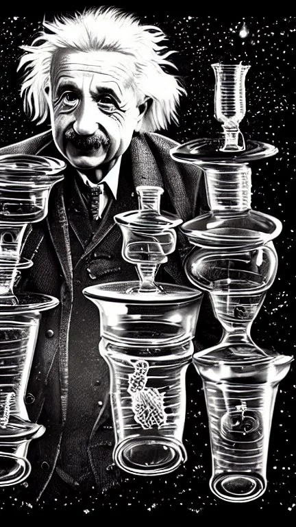 Albert Einstein, detailed and intricate calligraphy ink painting of a "cyborg Mad Scientist" holding beakers, outer space Background cosmic fractals, dystopian, concept art, unreal engine 5, god rays, ray tracing, RTX, lumen lighting, ultra detail, volumetric lighting, 3d, finely drawn, high definition, high resolution. award-winning: professional portrait: atmospheric: commanding: fantastical: clarity: 16k: ultra quality: striking: brilliance: stunning colors: amazing depth: masterfully crafted