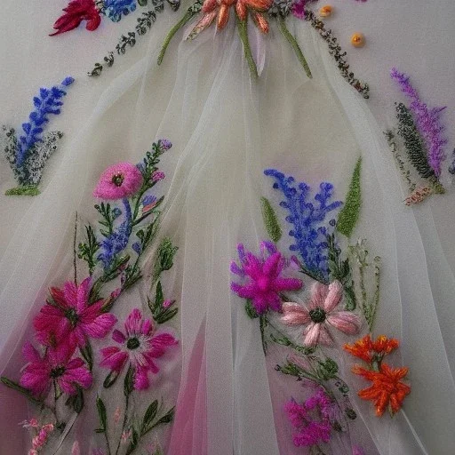 delicate embroidery and beadwork of flowers on tulle, couture, beautiful composition, aesthetic layout, wildflowers, watercolor