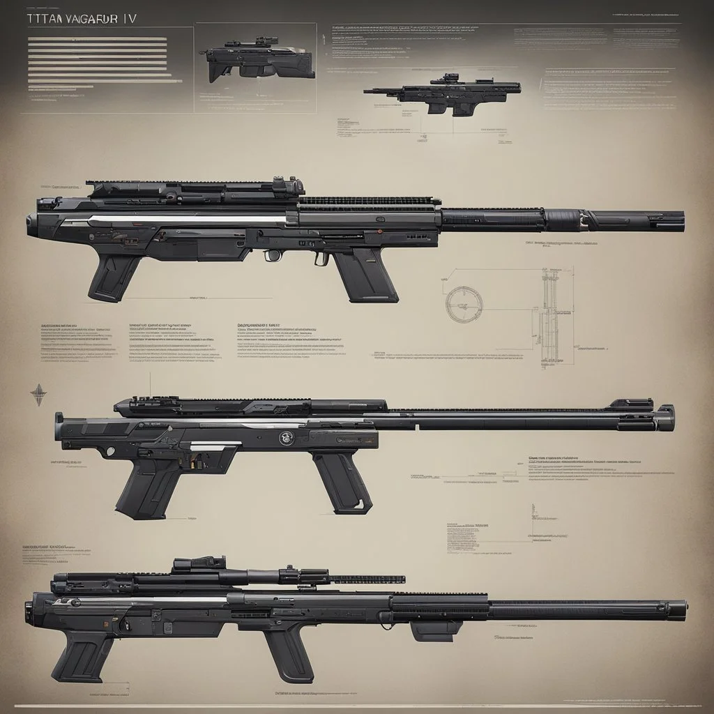 ConceptSheet by Jean-Claude Mézières: A document showing The Titan Mk IV Vanguard is a state-of-the-art battle rifle designed for elite military units operating in high-stakes and off-world environments. Its robust construction, advanced targeting systems, and modular design make it a versatile and powerful weapon on the battlefield.