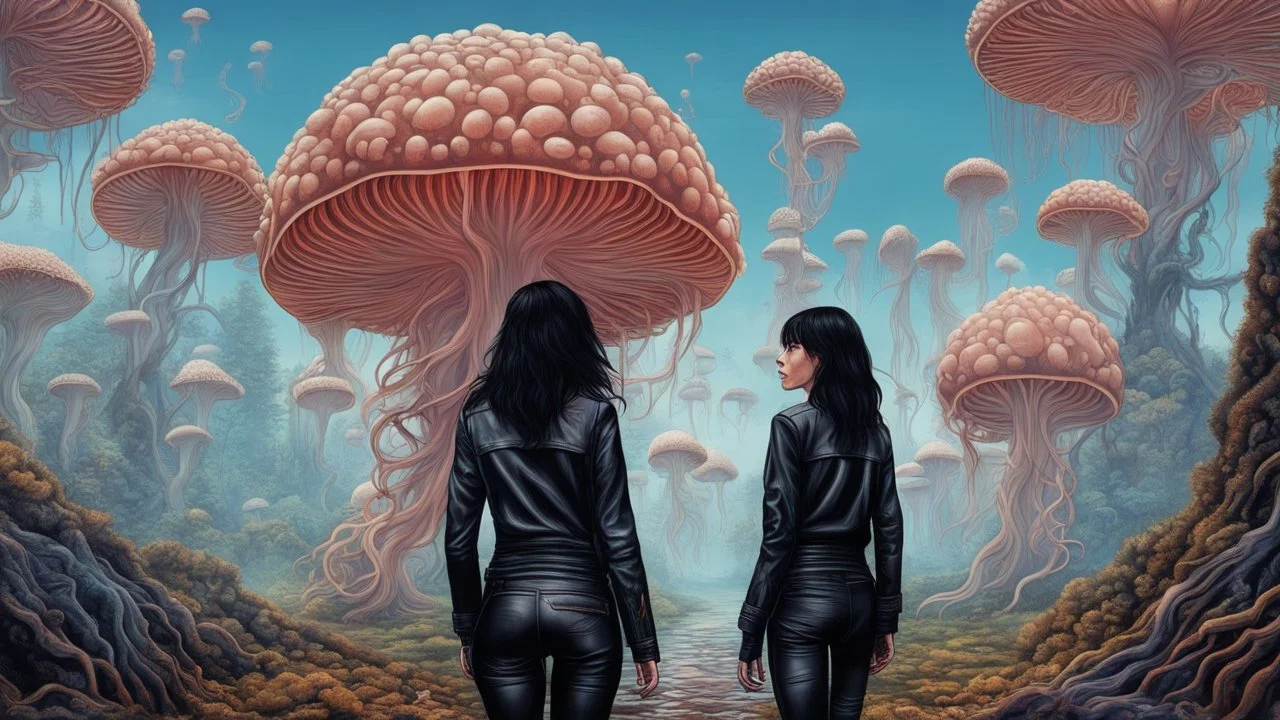 woman with black hair, in leather trousers and jacket, walking through Alien mushrooms with jellyfish tentacles in an alien forest, photorealistic, Deep Colour, Intricate Detail, sunshine, blue sky