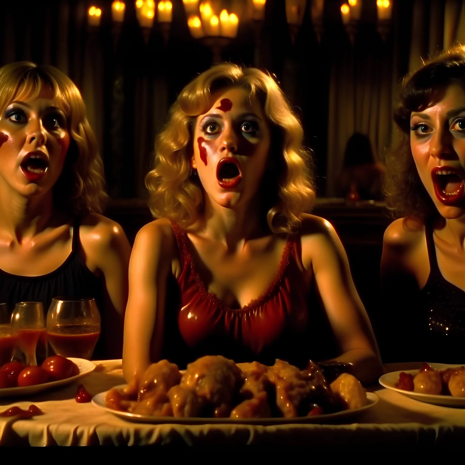 Spooky, ultra realistic, distress, dining, ultra realistic hot woman, pieces of meat, creepy, woman, organic ail dynamic, anguish, excited and lively scene, hot women, hypermaximalist figures, stb, Creepy, Alfred Hitchcock, Sam Raimi, sinister, John Carpenter, Dario Argento, ornate