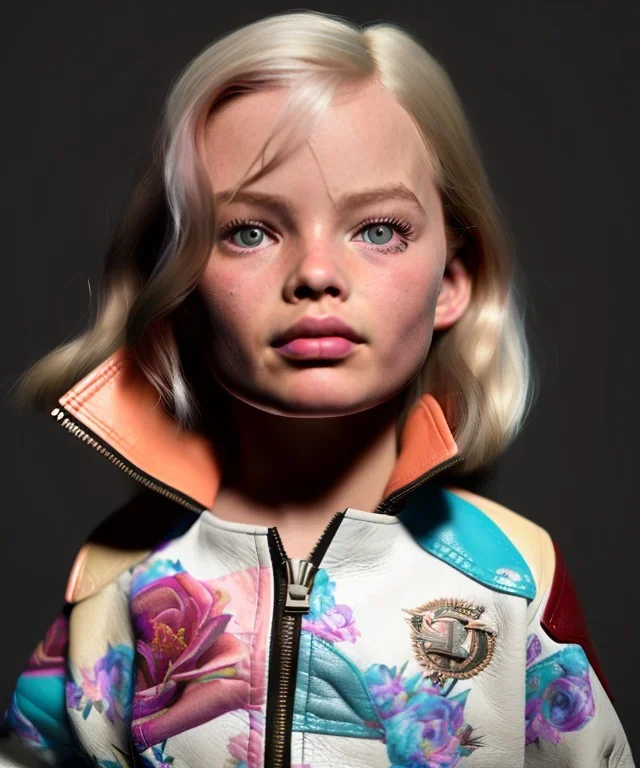 Margot Robbie toddler, full size, sneaker, leather jacket, floral shirt, soft skin, dramatic lighting, hyper realistic