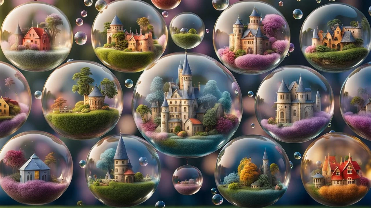 A stunning 3D render of miniature worlds, captured in floating transparent bubbles. Each bubble showcases a unique scene, such as quaint villages, mystic, gardens, tropical island, enchanting castles, alien palnet, or whimsical fairy-tale landscapes. The miniature towns with featuring quaint houses, markets, and charming residents. In the gardens colorful delicate flowers and lush greenery. The castles are majestic and grand, with towers, big gates. Unusual and captivating plants coexist with ma