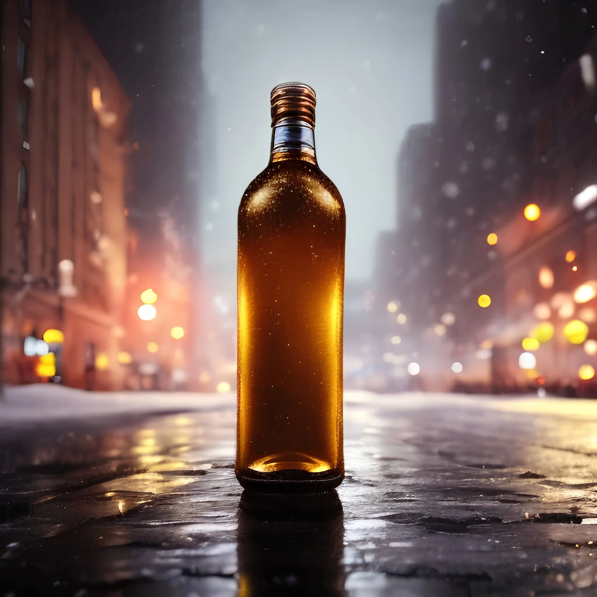 bottle lying in a drain, snowy streets of new york at night, dramatic, dramatic lighting, volumetric lighting, hyperrealism, 8k, high quality, photorealistic, lot of details