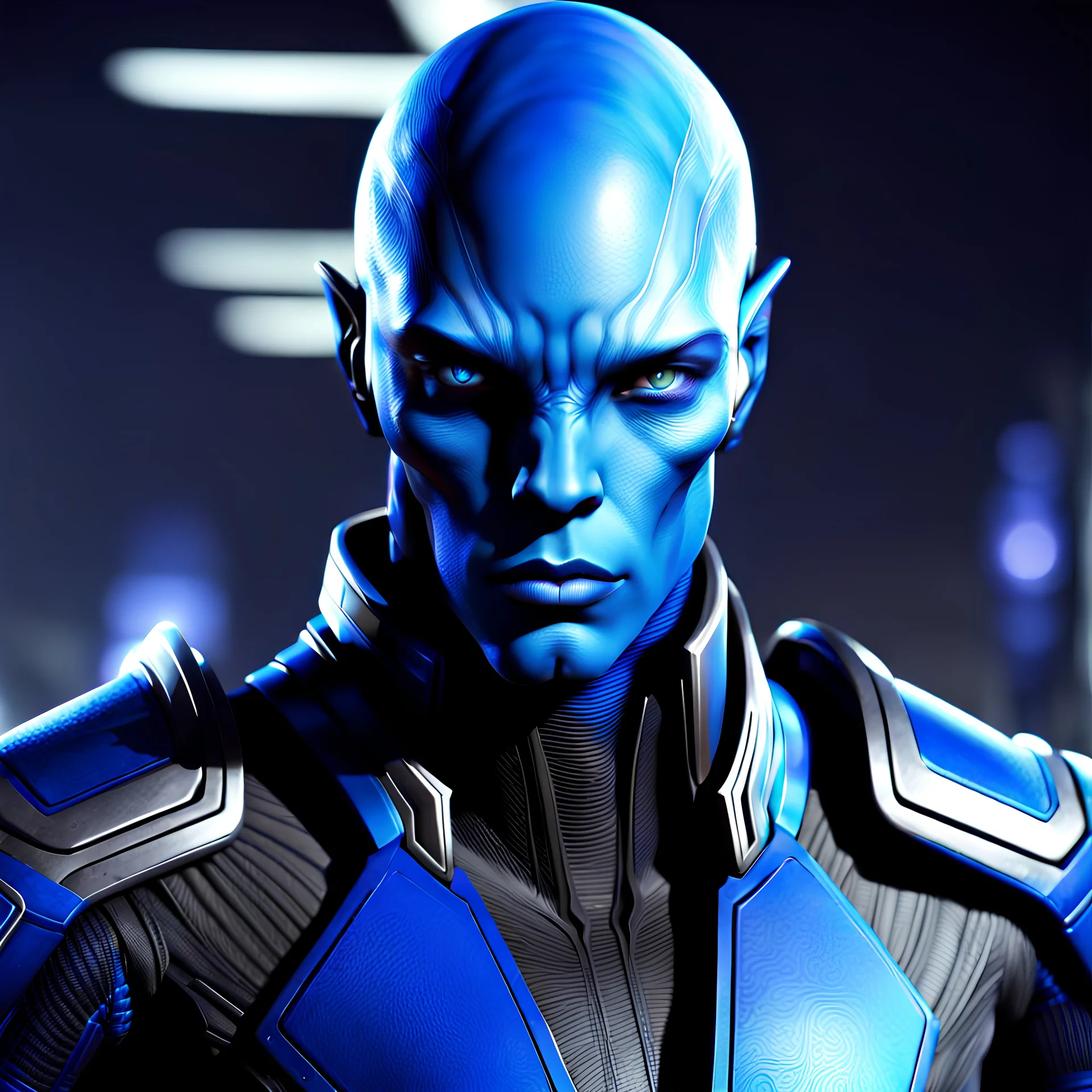 handsome blue-skinned alien soldier, mass effect style, masculine mysterious suave