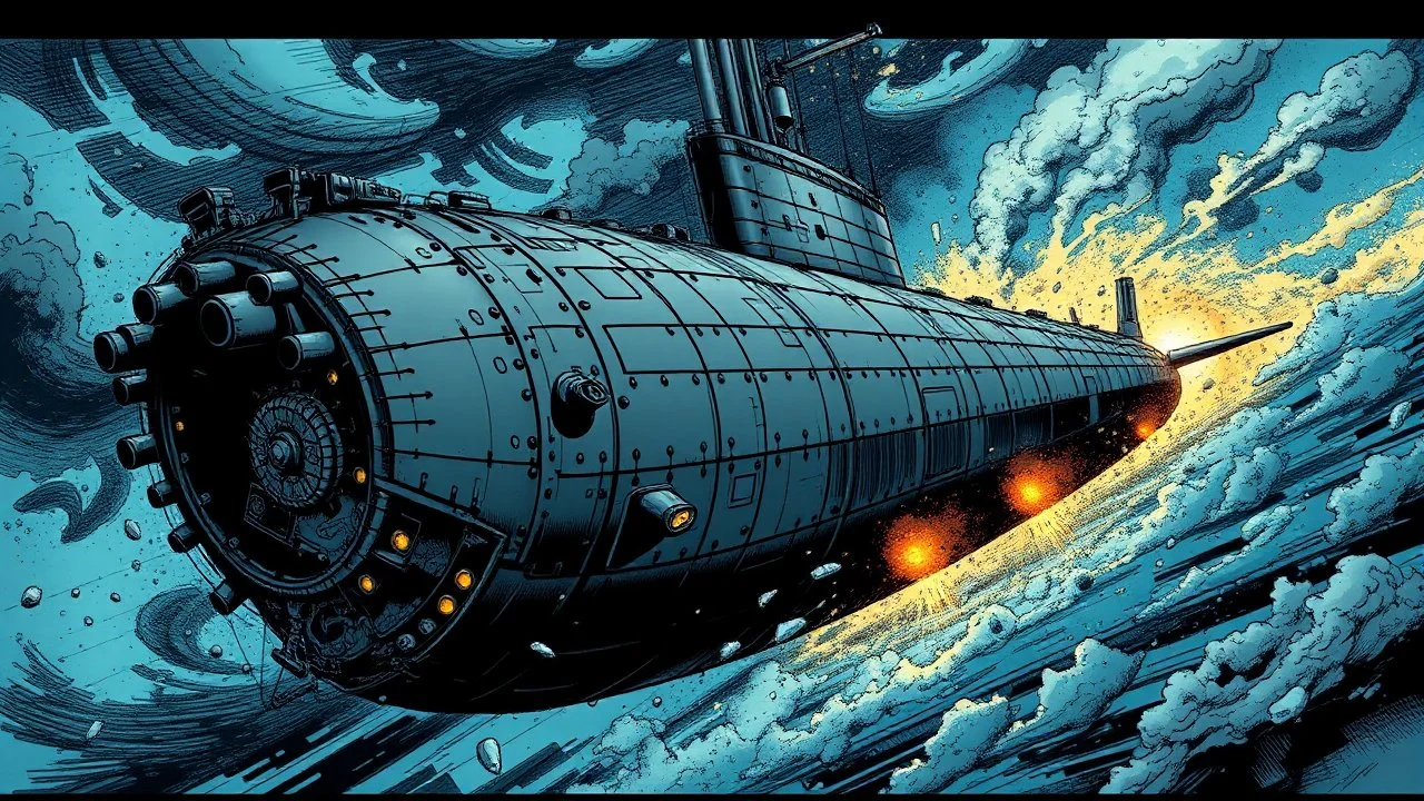 Highly detailed comic book style illustration of a submarine, with intricate details and textures, dynamic lighting and shading, by Frank Miller or Jack Kirby, intense action scene, vibrant colors, trending on DeviantArt.