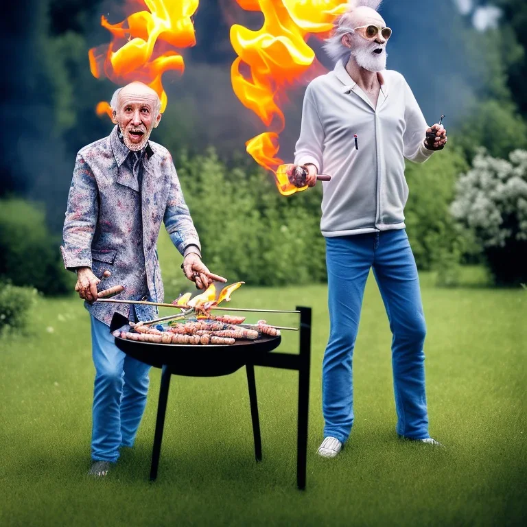 serious crazy man in his sixties in his yard, having a barbecue