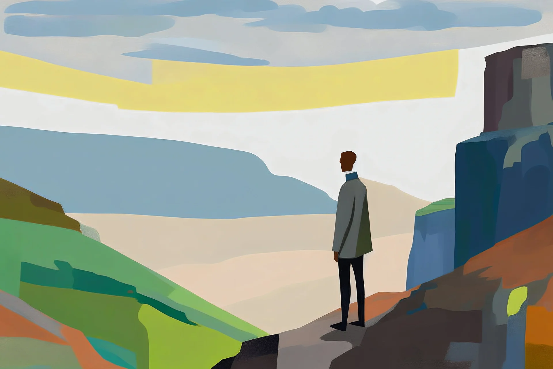 An enigmatic painting of a figure standing at the edge of a cliff, overlooking a vast, unknown abstract landscape, in the style of minimalism, simple shapes, limited color palette, and a focus on the subject's sense of wonder and curiosity, inspired by the works of Agnes Martin and Ellsworth Kelly, encouraging the viewer to contemplate the mysteries of the unknown.