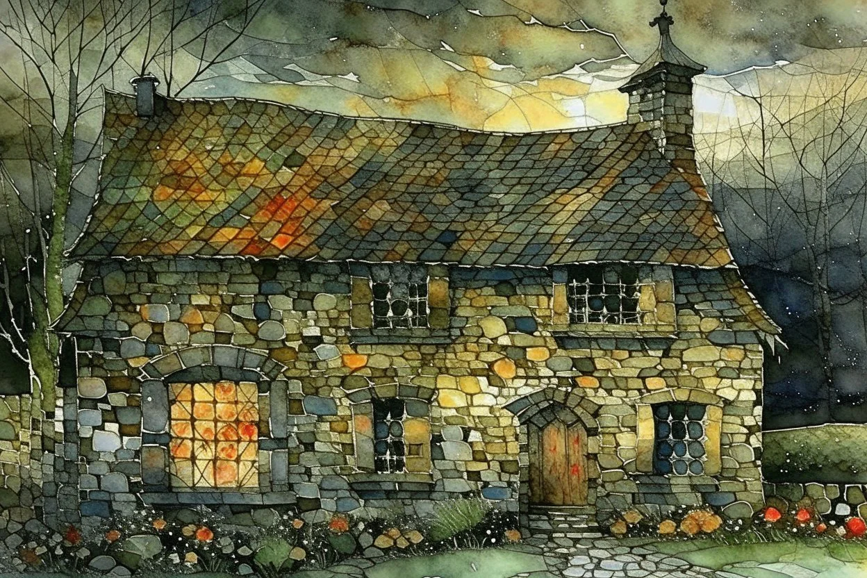 lone old stone cottage with lights on, by Frozen apocalypse " a patchwork art by Jamie heiden, peter doig, Renoir, pol Ledent, endre penovac, Gustave Loiseau, Arthur Rackham, Doug Chinnery, Maud Lewis. inlay, watercolors and ink, beautiful, fantastic view, extremely detailed, intricate, best quality, highest definition, rich colours. intricate beautiful dynamic lighting award winning fantastic view ultra detailed 4K 3D high definition hdr elegant intricate beautiful award winning fantastic view