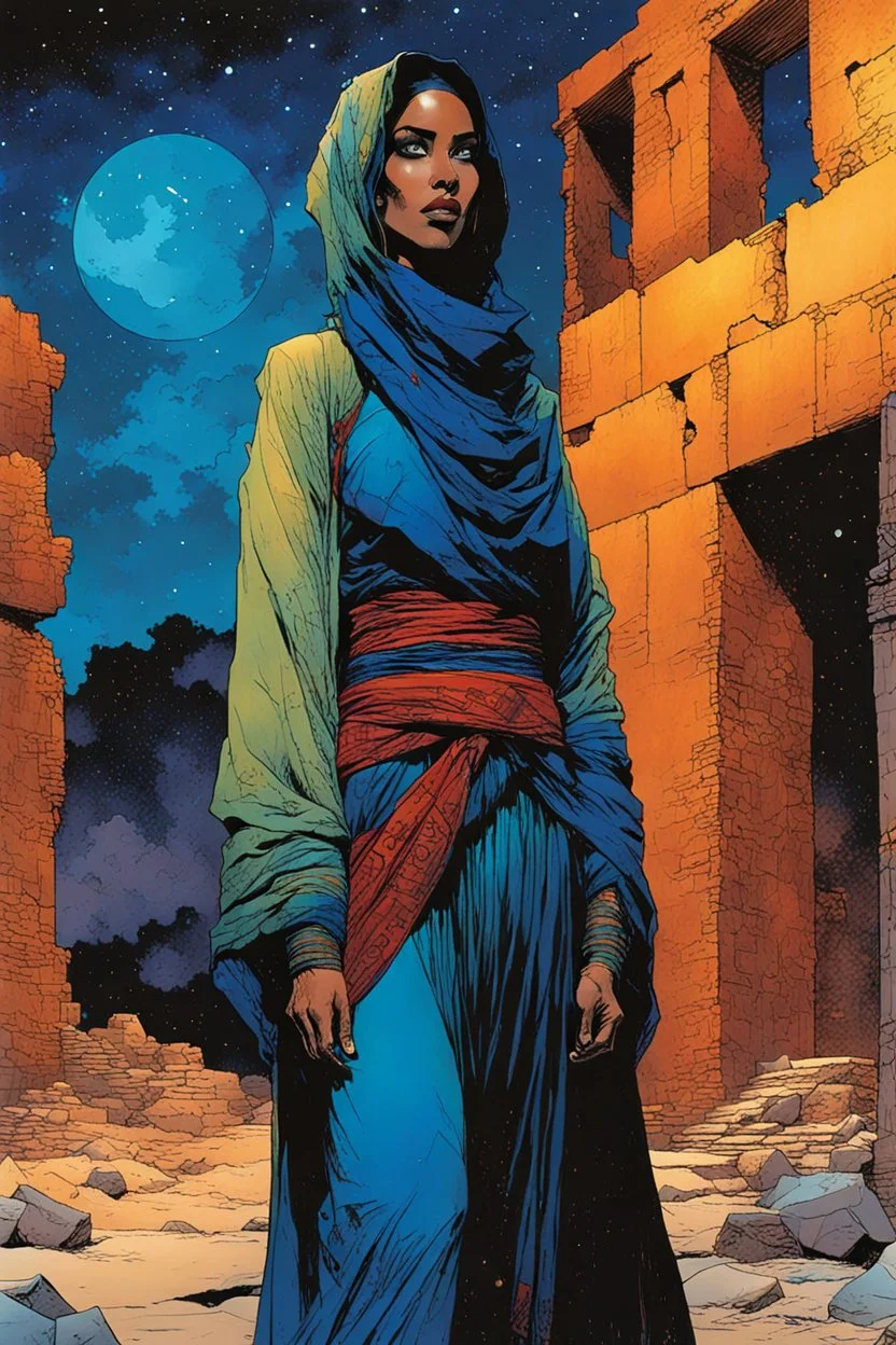 create an imaginative illustration of a Tuareg female, in traditional dress, with finely detailed facial features, in the ruins of Djado under the midnight sky, in the comic book art style of Bill Sienkiewicz, Mike Mignola, and Jean Giraud Moebius, finely textured, drawn, colored, and inked