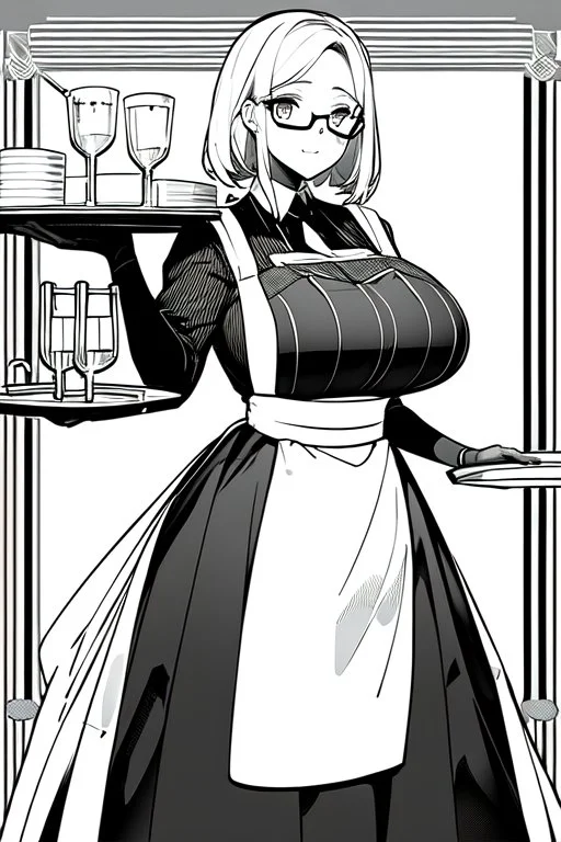 waitress carries tray with glasses in a cafe bar, line arts, greyscale