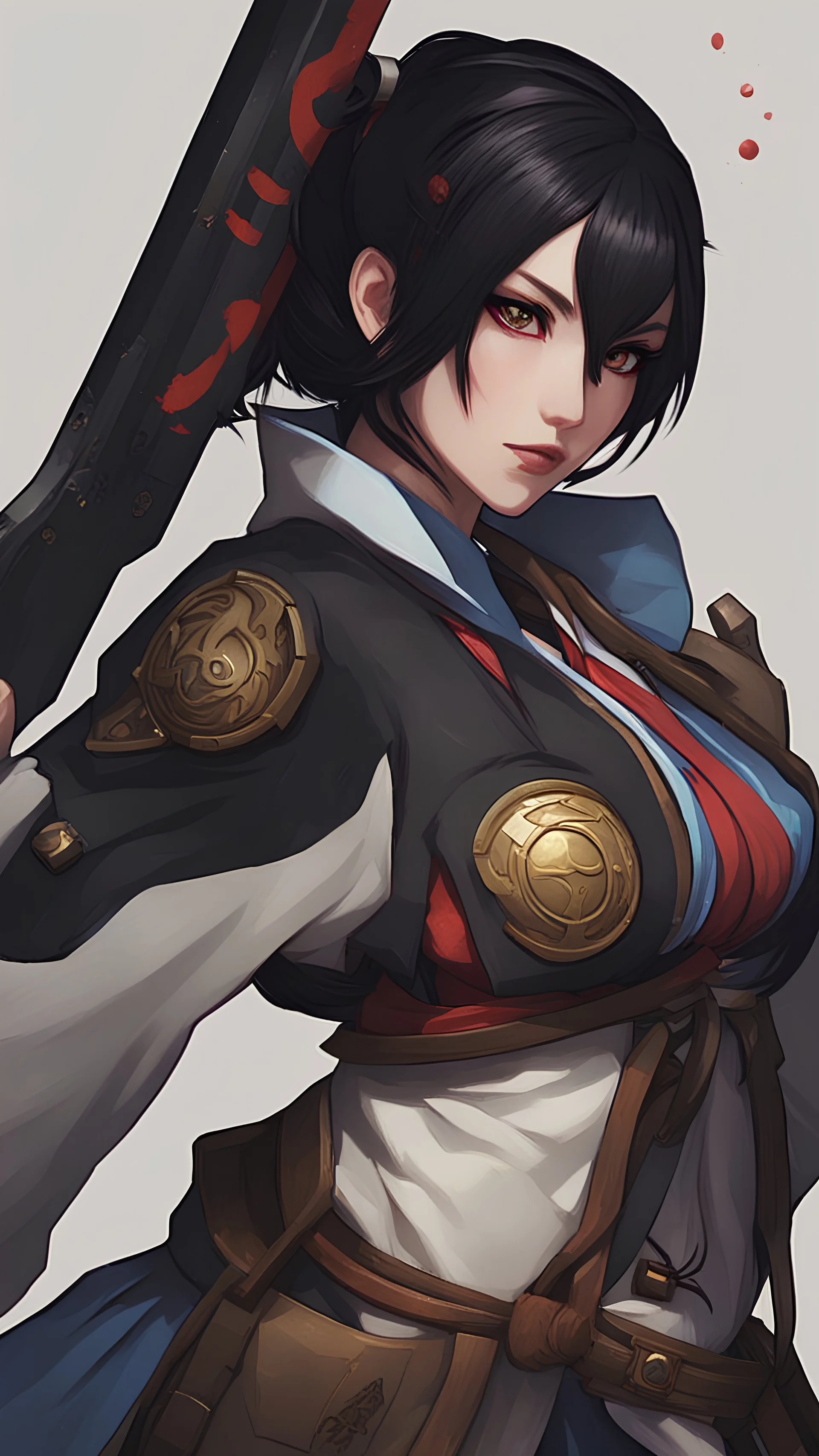 A close picture of Samira from league of legends in Japanese style, black hair and patch on one eye, weapons master