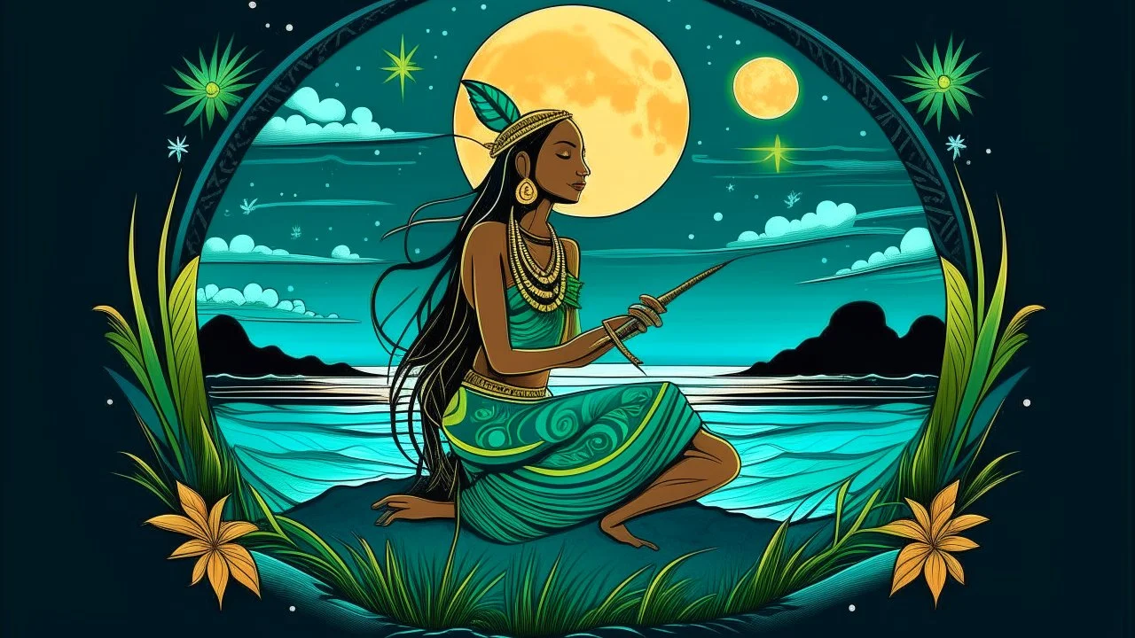 Fun, whimsical elements with bright colors and a sense of joy and creativity, A female huntress of Pacific Islander descent, resting on a beach at night under the full moon, wearing a grass skirt and a shell necklace, looking up at the sky, with calm waves lapping at the shore.