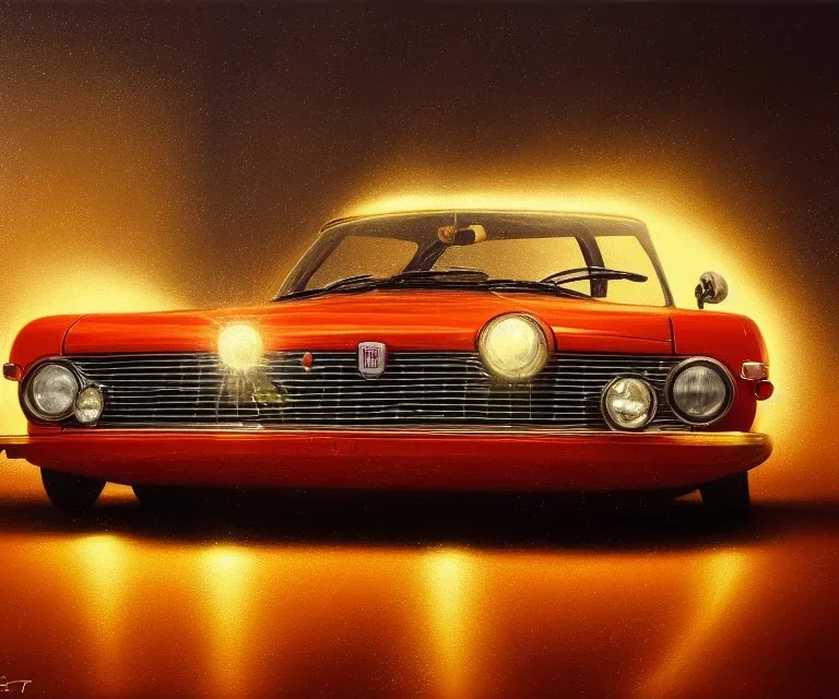 fiat 125p, city. high speed. bokeh. lens flare. warm lights. high detailed. oil on canvas