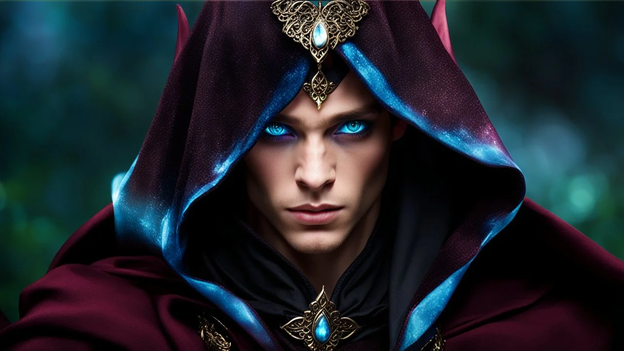 image of a blue eyed Fae Prince wearing a hooded cape