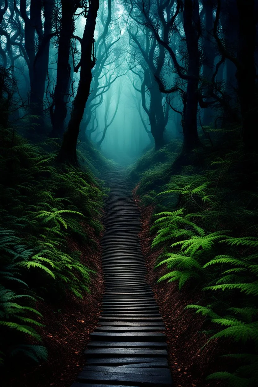 pathway leading into a Dark forest. fantasy