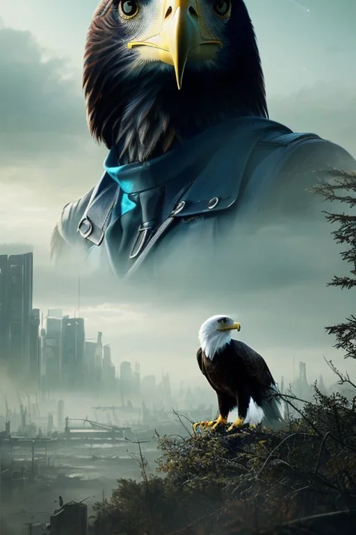 portrait,beautiful eagle robot, post-apocalyptic in a cyberpunk city, realistic, intriacte detail, sci-fi fantasy style, volumetric lighting, particales,highly detailed,cinamatic, deep