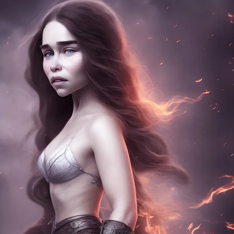 portrait only a wonderfull emilia clarke, dragon fantasy, big curves, voluminous long black hair, fire and fog particles, 55 mm