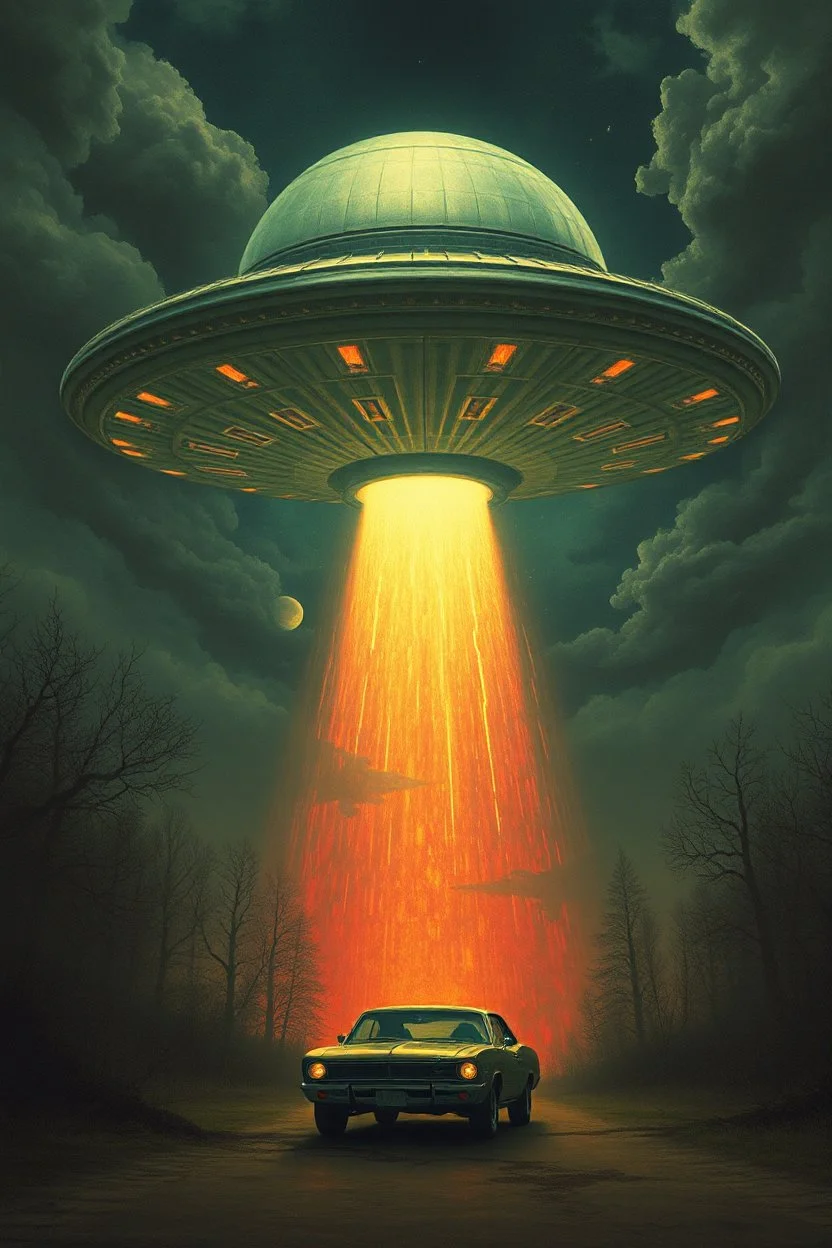 Hieronymus Bosch style nightmare huge ufo spaceship hovering above a car