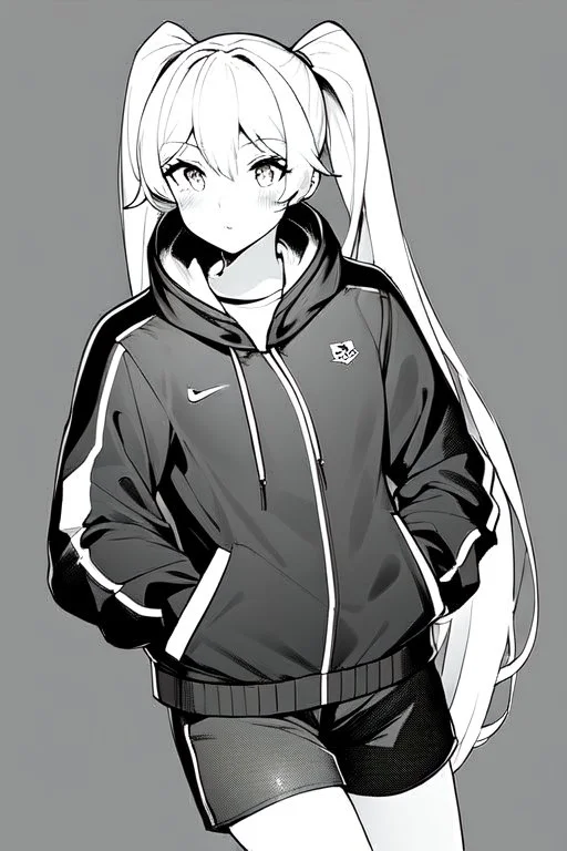 blonde girl with ponytails dressed in a jacket and shorts walks proudly, greyscale