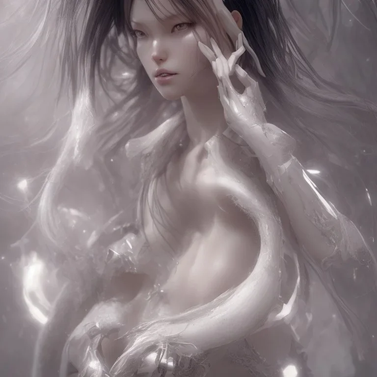 hitomi tanaka, dress white, long black hair, realistic, intriacte detail, sci-fi fantasy style, volumetric lighting, particales,highly detailed,cinamatic, deep colours,8k.