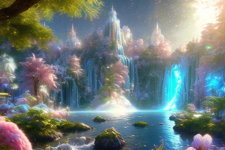  white and gold crystal cosmic ambiance，waterfall, full of details, smooth, bright sunshine，soft light atmosphere, light effect，vaporwave colorful, concept art, smooth, extremely sharp detail, finely tuned detail, ultra high definition, 8 k, unreal engine 5, ultra sharp focus