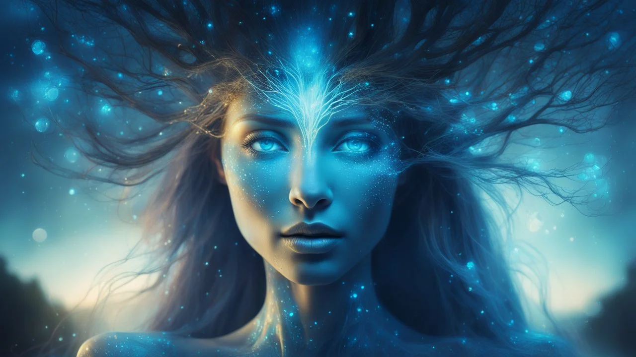 The photo is in a bioluminescent and bioluminescent art style depicting a divine tree woman, double exposure, Bioluminescent dewy translucent glowing skin, ethereal glowing eyes, long neck, perfect face in ultra-realistic details, blue hues, flowing hair, The composition imitates a cinematic film with dazzling, gold and silver lighting effects. Intricate details, sharp focus, crystal clear skin create high detail. 3d, 64k, high resolution, high detail, computer graphics, hyperrealism, f/16, 1/30