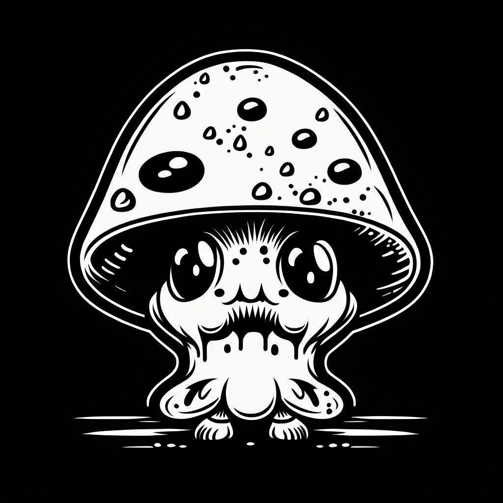 mushroom, black and white, cartoon, drawing, cute, creature, simple, mouth