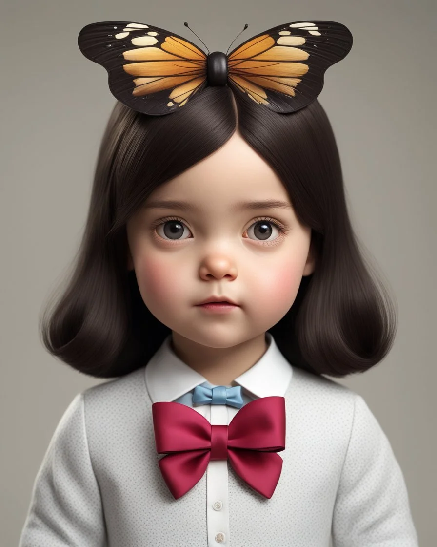 3D. Hyperrealistic photograph of Mafalda in real life, with a bowtie or butterfly type bow on her head. Straight hair. (((Whole body)))