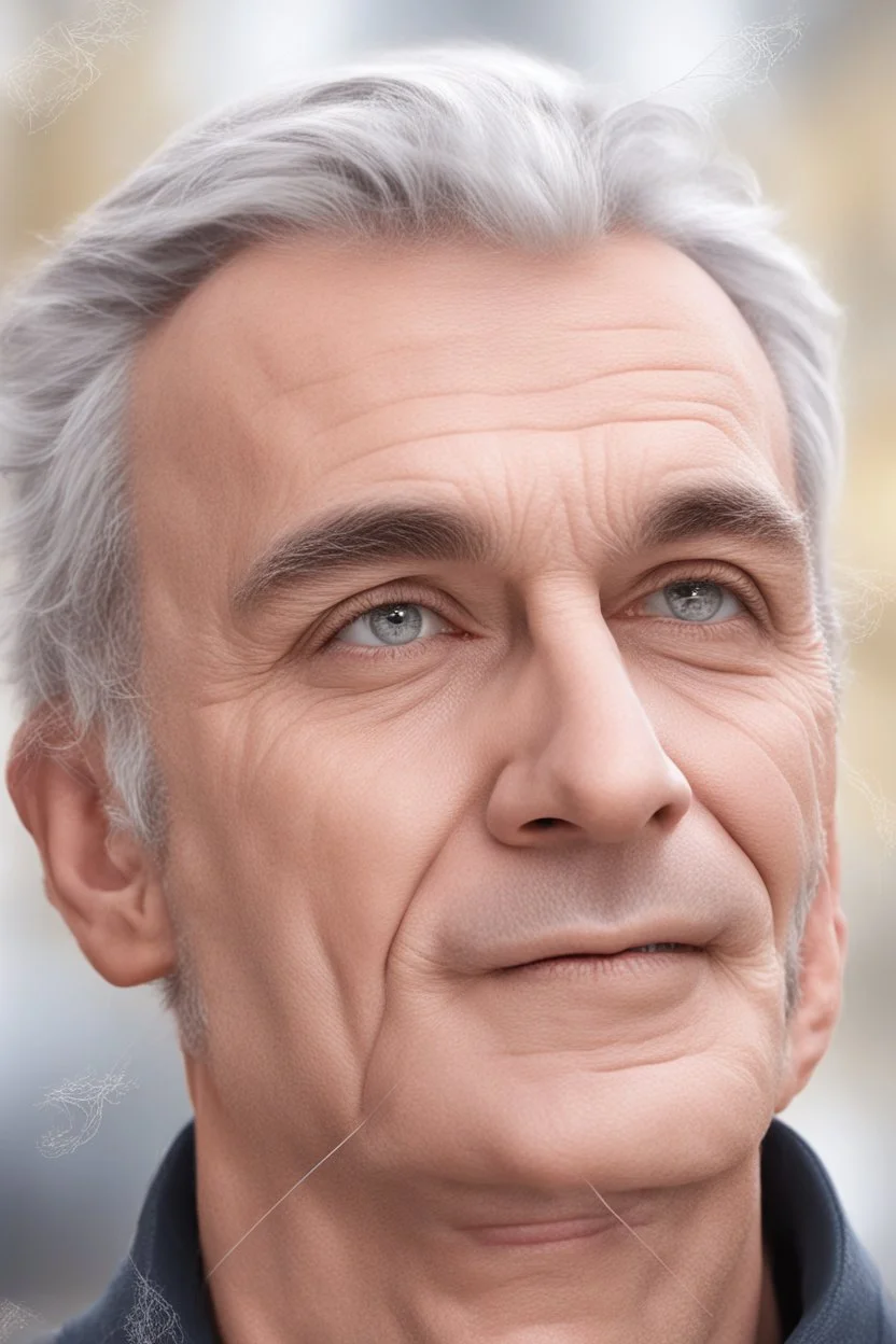 realistic, Caucasian face, studio lighting, cinematic light, handsome man, grey hair, no smile, (head frame), on light background, curiously complete, elegant, close to perfection, dynamic, highly detailed, non-symmetrical body a, detailed natural oily hair and skin texture.