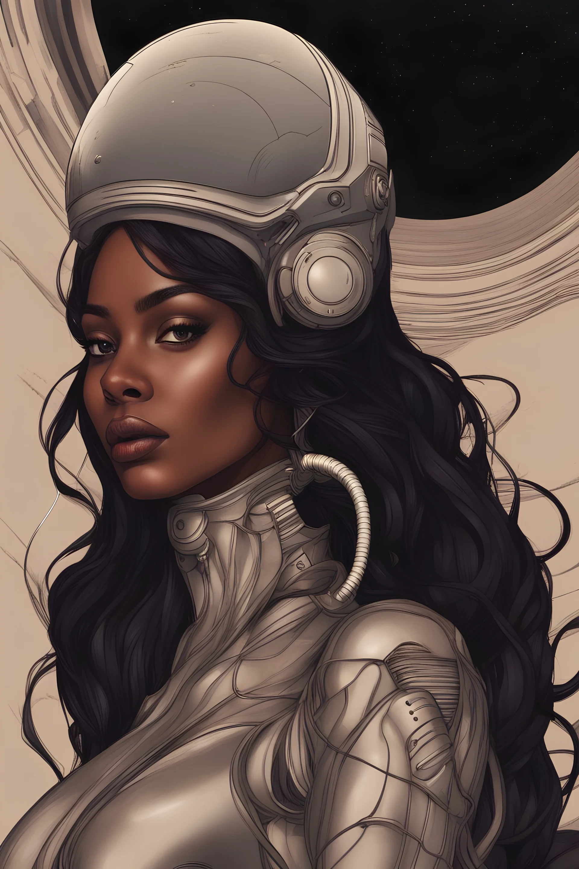 Sensual brown skin woman with dark hair over the planet venus, futuristic, galaxy behind her,