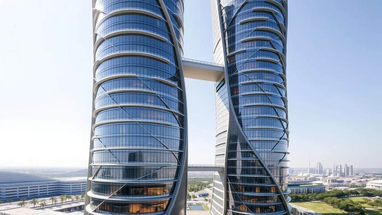 A pair of elliptical twin towers that intersect at various points along their height, creating a complex and beautiful pattern of interlocking curves. The towers are clad in reflective panels that highlight the gentle ellipses of the design. Walkways connecting the towers follow the arc, creating stunning vistas between the two structures. Award-winning photograph.