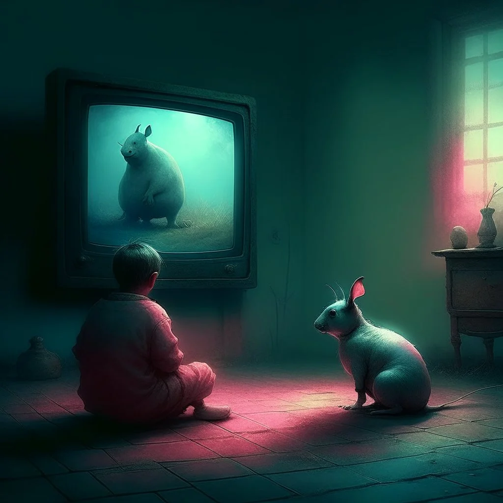 pig watching a tv about video game persona with a rabbit playing music beksinski style