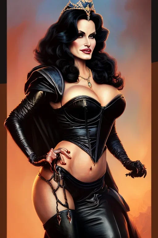 painting of lisa ann as evil queen in black leather gown, feminie, angry, stern look on her face, volouptous, busty, cleavage, emperious, mature, highly detailed, digital painting, artstation, concept art, smooth, sharp focus, illustration, art by gaston bussiere and alphonse mucha