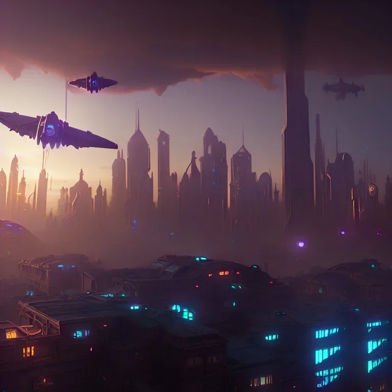 A city from the future with airplanes in the shape of a crescent, steampunk, unreal 5, octane render, cinema4d, dynamic lighting, dramatic lighting, 4k, redshift render, highly detailed, hyper realistic,center camera