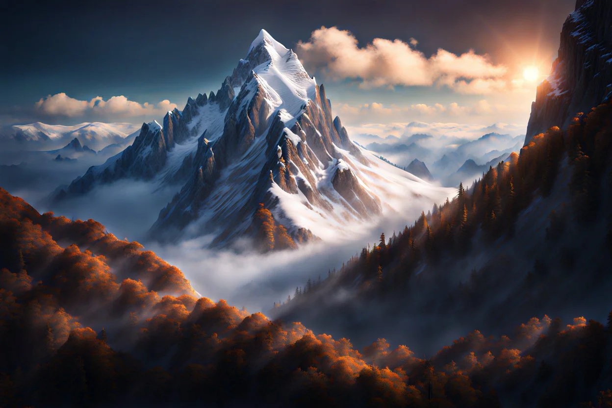 a snow-covered lonely steep massiv mountain reaching into the clouds. On top of the mountain is a needle thin tower. fantasy concept art, exquisite realism, a masterpiece, dynamic lighting, hyper detailed, intricately detailed, deep color, Unreal Engine, volumetric lighting , Epic cinematic brilliant stunning intricate meticulously detailed dramatic atmospheric maximal,