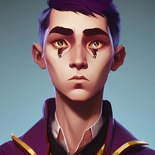 Portrait of a 9 year old warlock boy with tricky eyes Nick Harris style