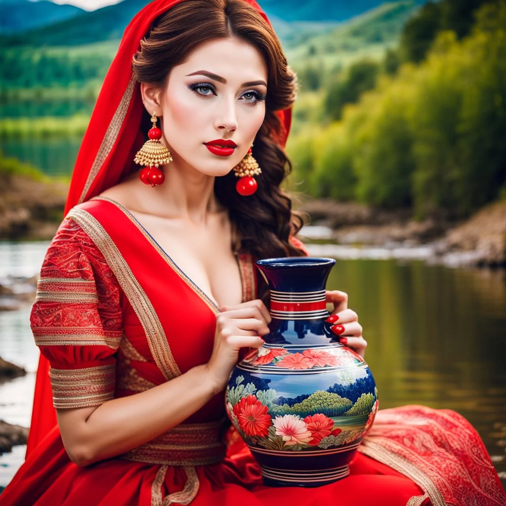 a woman in a red dress holding a vase, creative colorfull - makeup, with professional makeup, hand built ceramics, very very very beautiful face , nice country side with hills ,waterfall over a river with clear water,girls with perfect pretty face in folk costums and a jar, filling their jugs with water and some of them leaving while carring there jugs in there shouldes and 1beautiful girl with jug in shoulder in closeup , very nice mountains at distant, nice clouds in sky ,wide green field wi